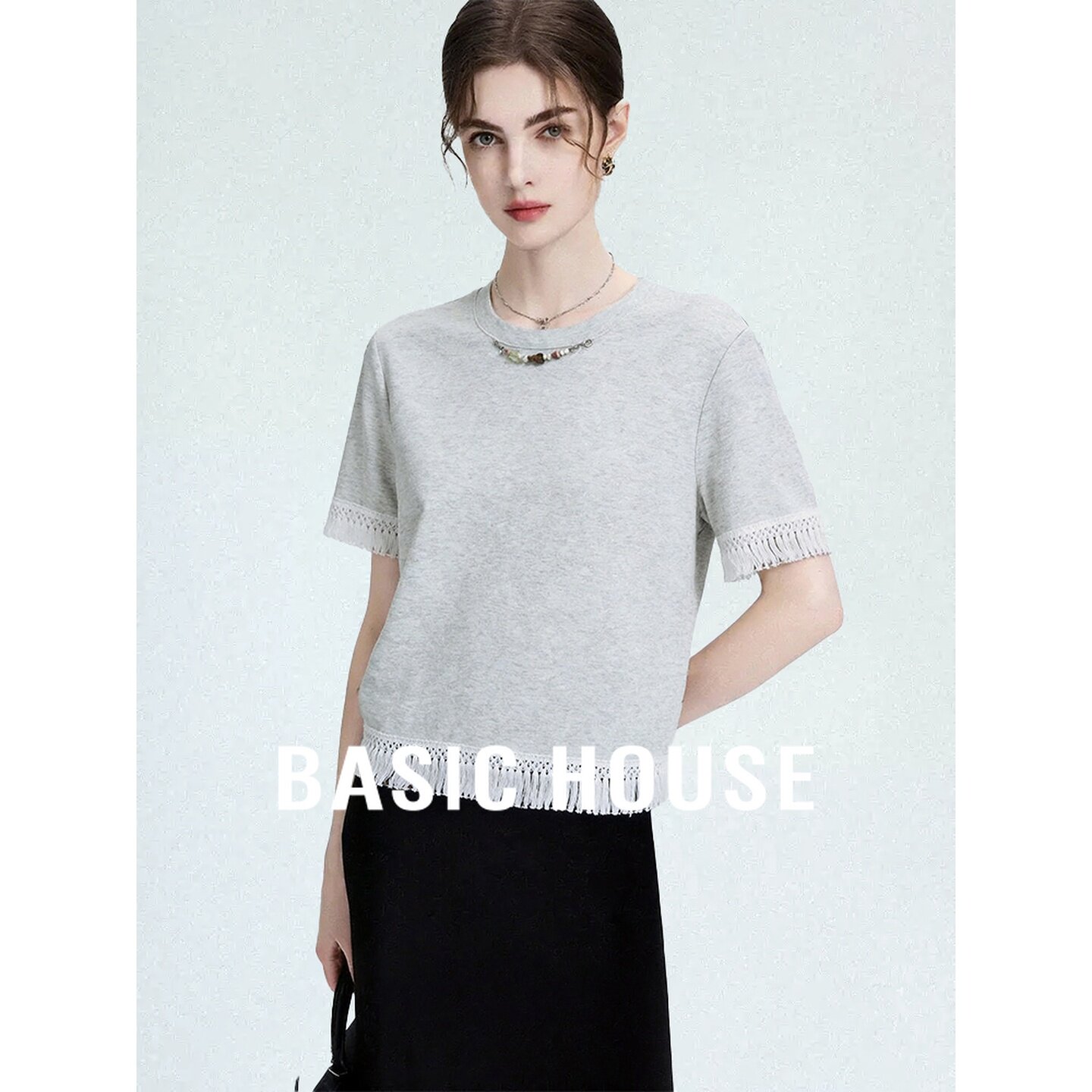 Basic House/百家好灰色简约短袖T恤女夏季流苏边宽松基础款上衣