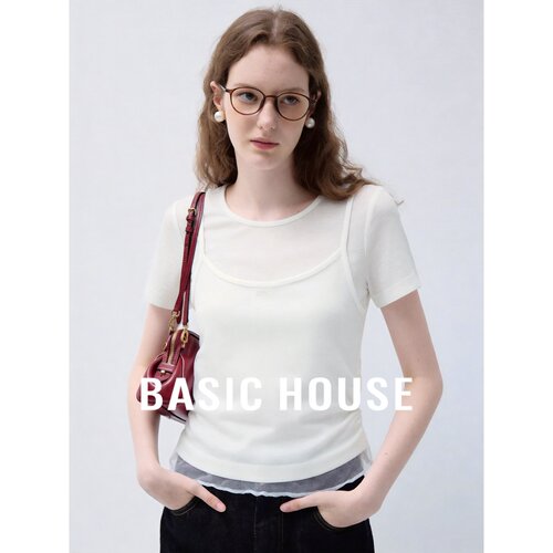Basic House/百家好圆领短袖T恤修身假两件设计感上衣极简米白色