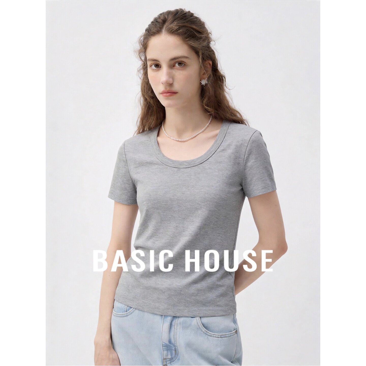 Basic House/百家好灰色圆领短袖T恤女夏季简约百搭棉质纯色上衣