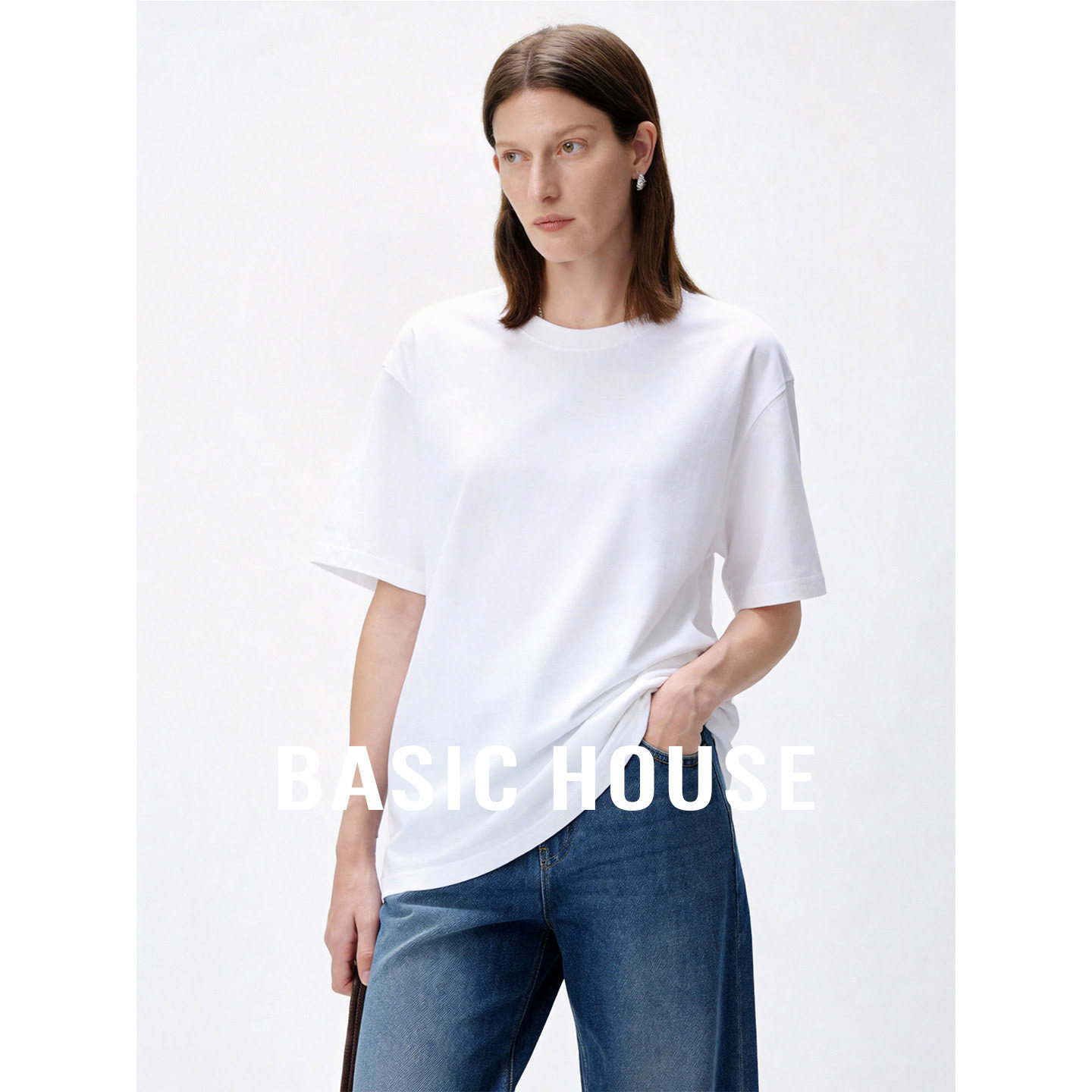 Basic House/百家好白色含棉T恤女夏季新款圆领宽松显瘦通勤短袖