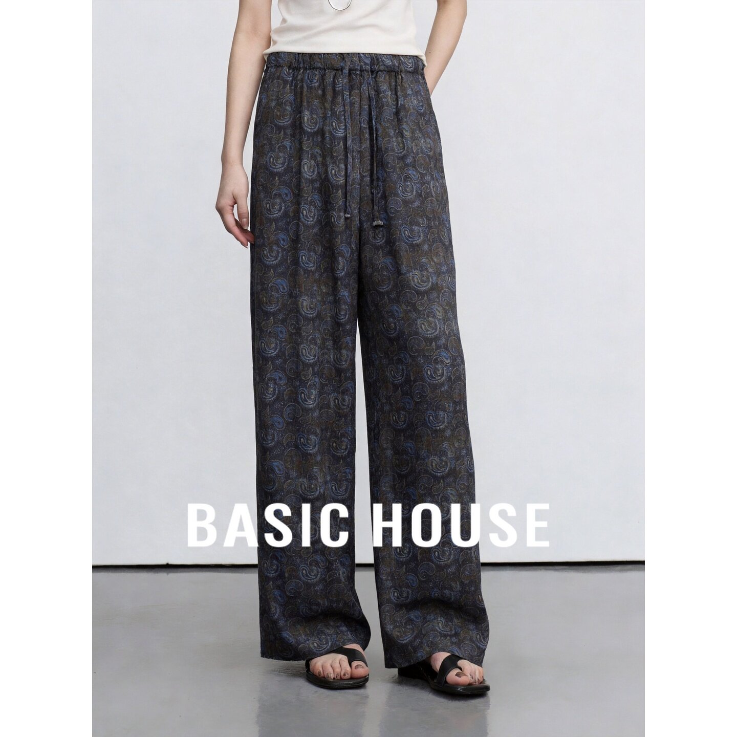 Basic House/百家好民族风印花阔腿裤女宽松显瘦舒适垂坠感长裤