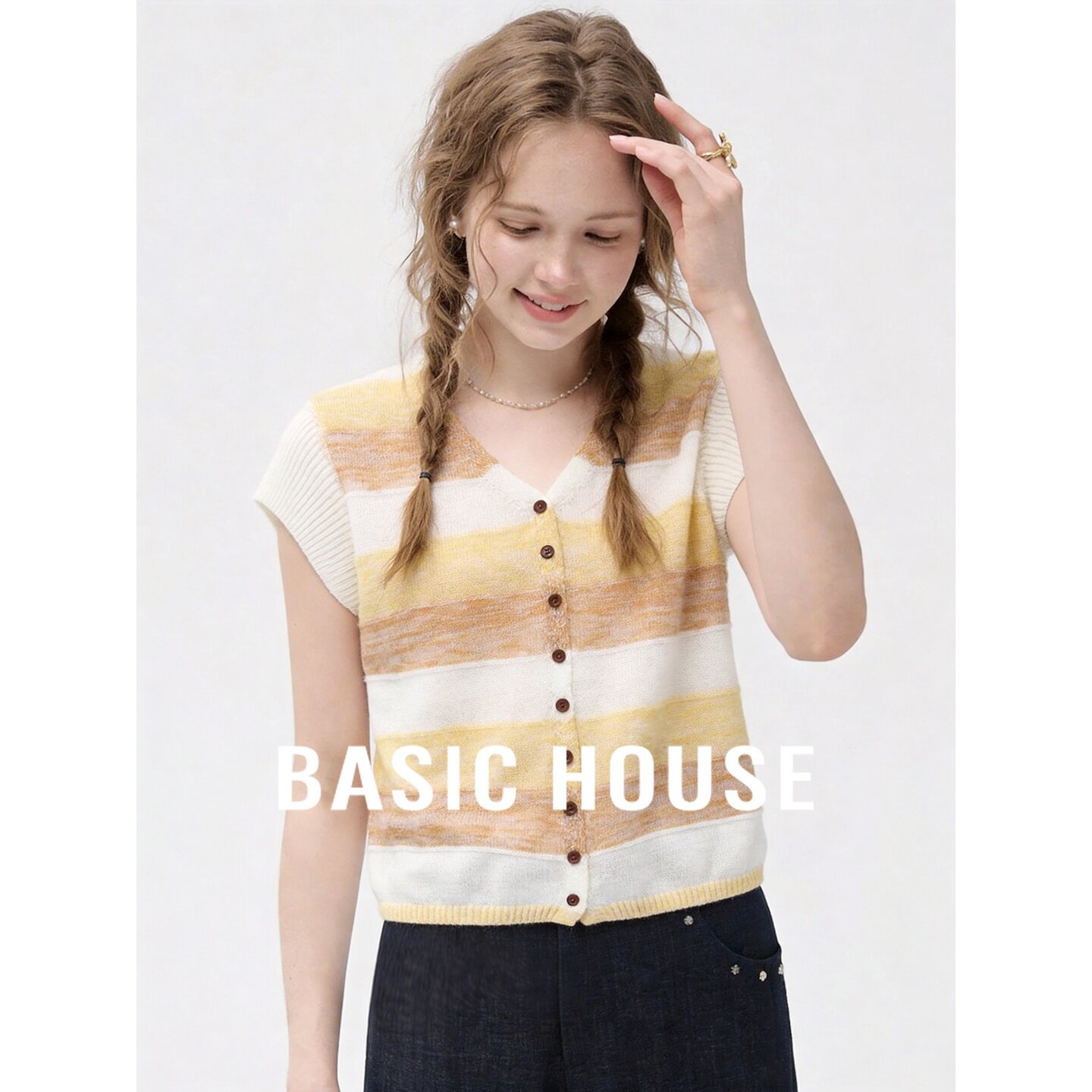 Basic House/百家好撞色条纹V领小飞袖针织开衫女显瘦百搭上衣