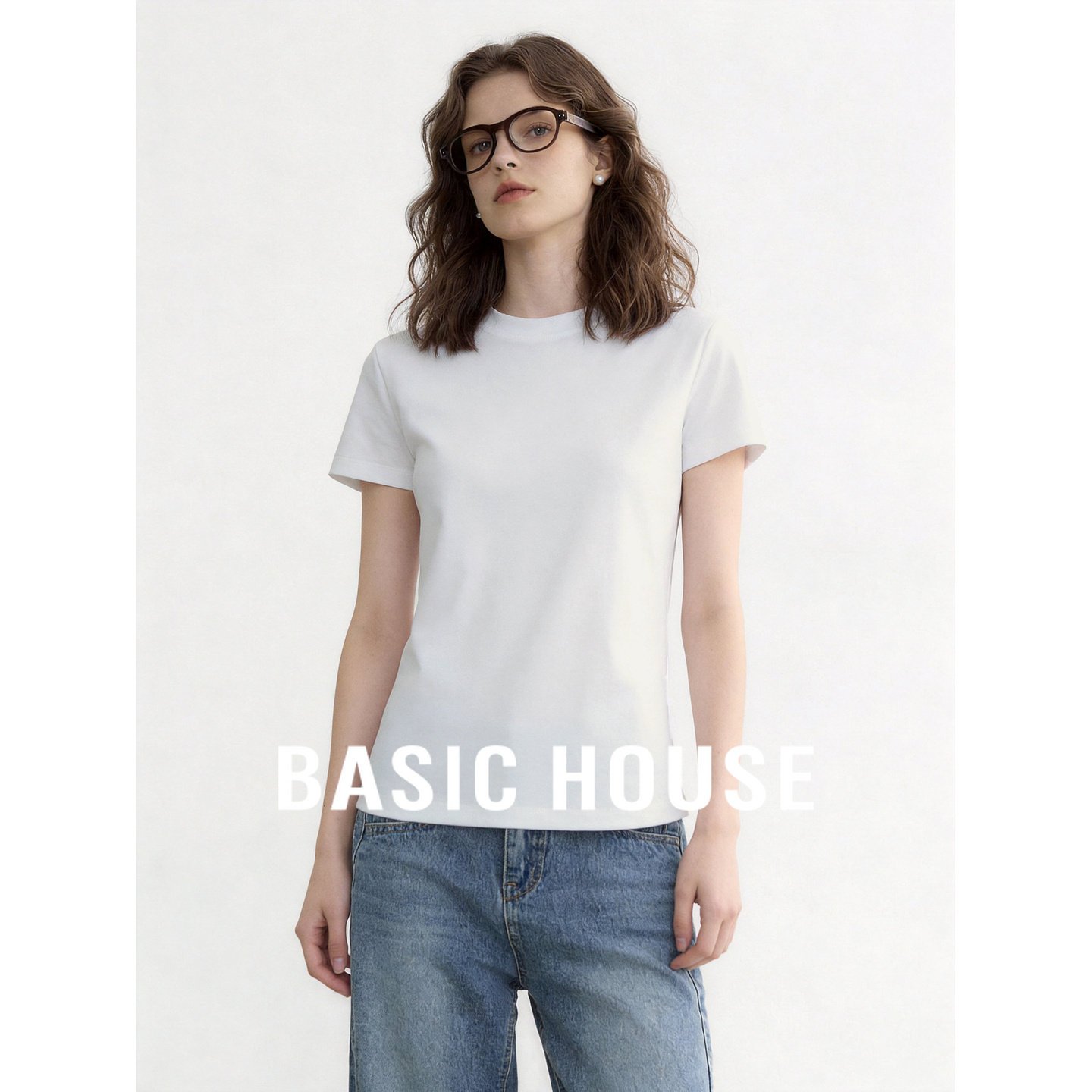 Basic House/百家好纯白基础款正肩短袖T恤女2026夏圆领舒适上衣