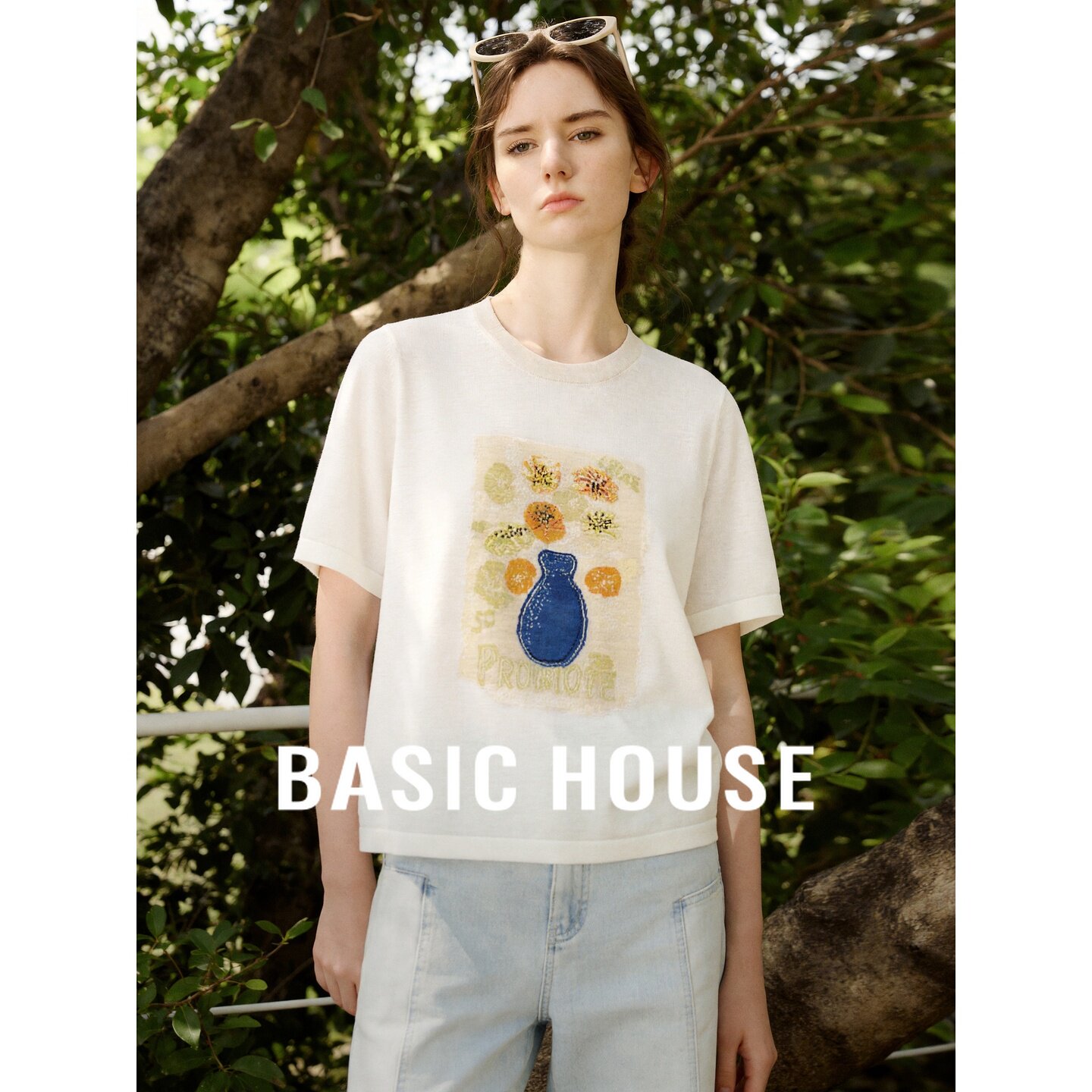 Basic House/百家好设计感油画针织短袖女夏季文艺风宽松百搭上衣