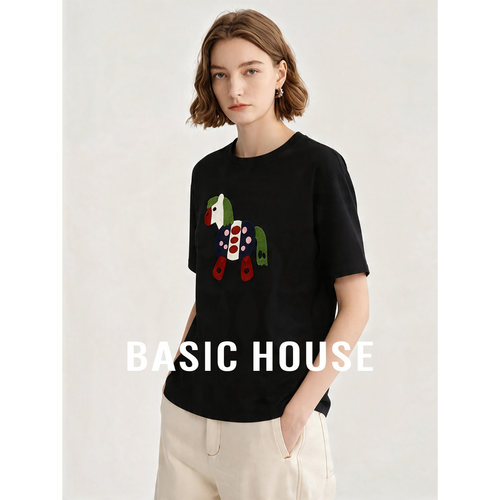 Basic House/百家好小马刺绣圆领T恤女夏季新款百搭短袖宽松上衣