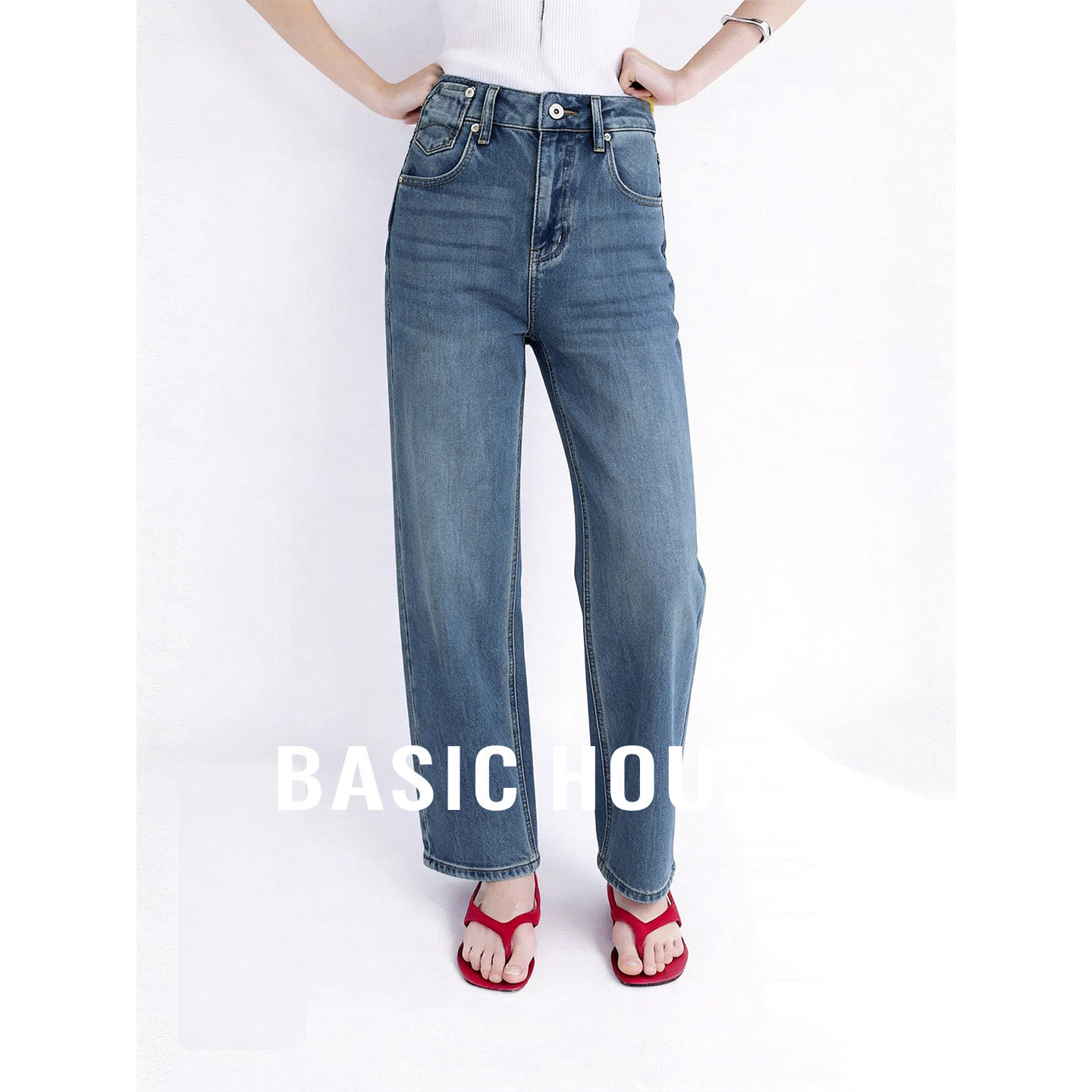 Basic House/百家好蓝色高腰直筒裤女秋季新款休闲窄版九分牛仔裤