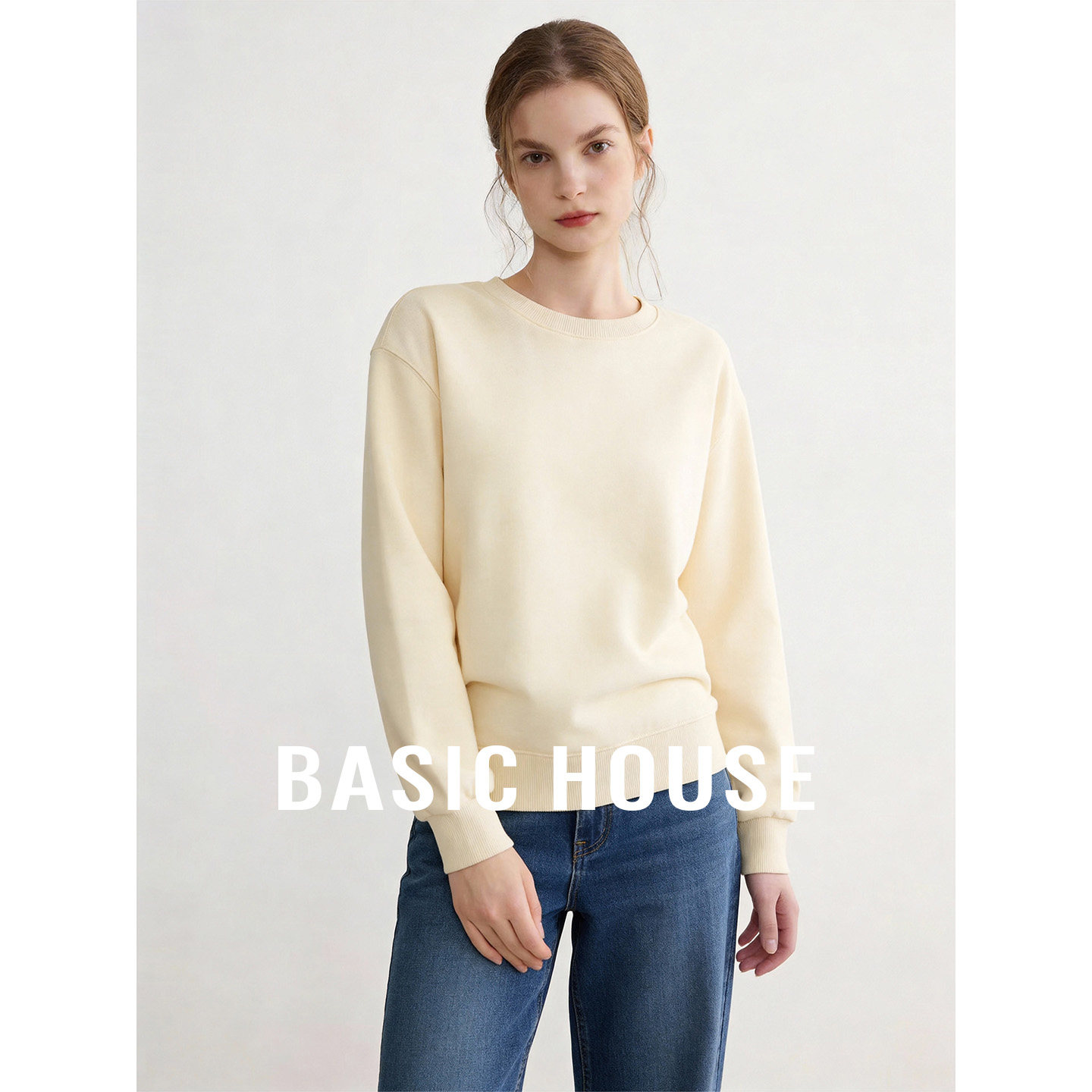 Basic House/百家好奶白圆领基础简约套头卫衣女秋26休闲百搭内搭