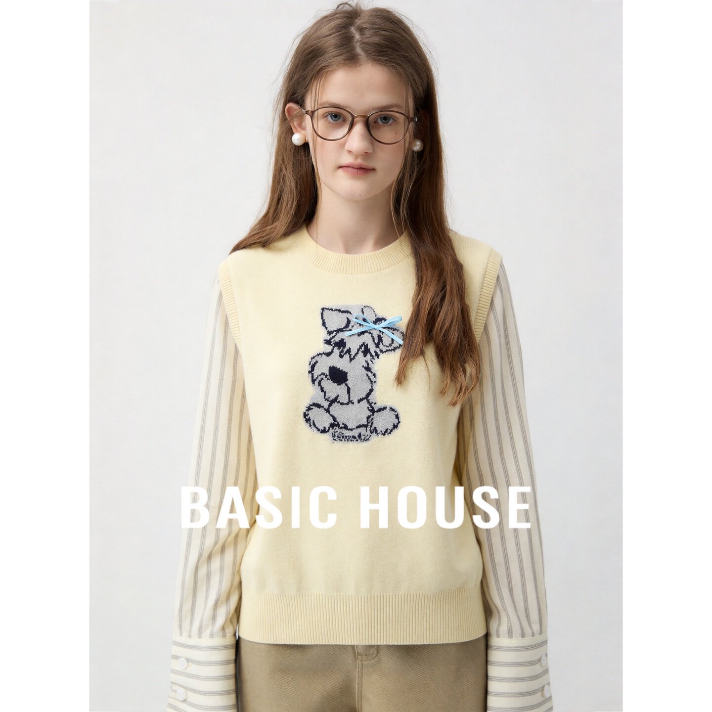 Basic House/百家好学院风小狗刺绣假两件条纹针织衫女设计感显瘦