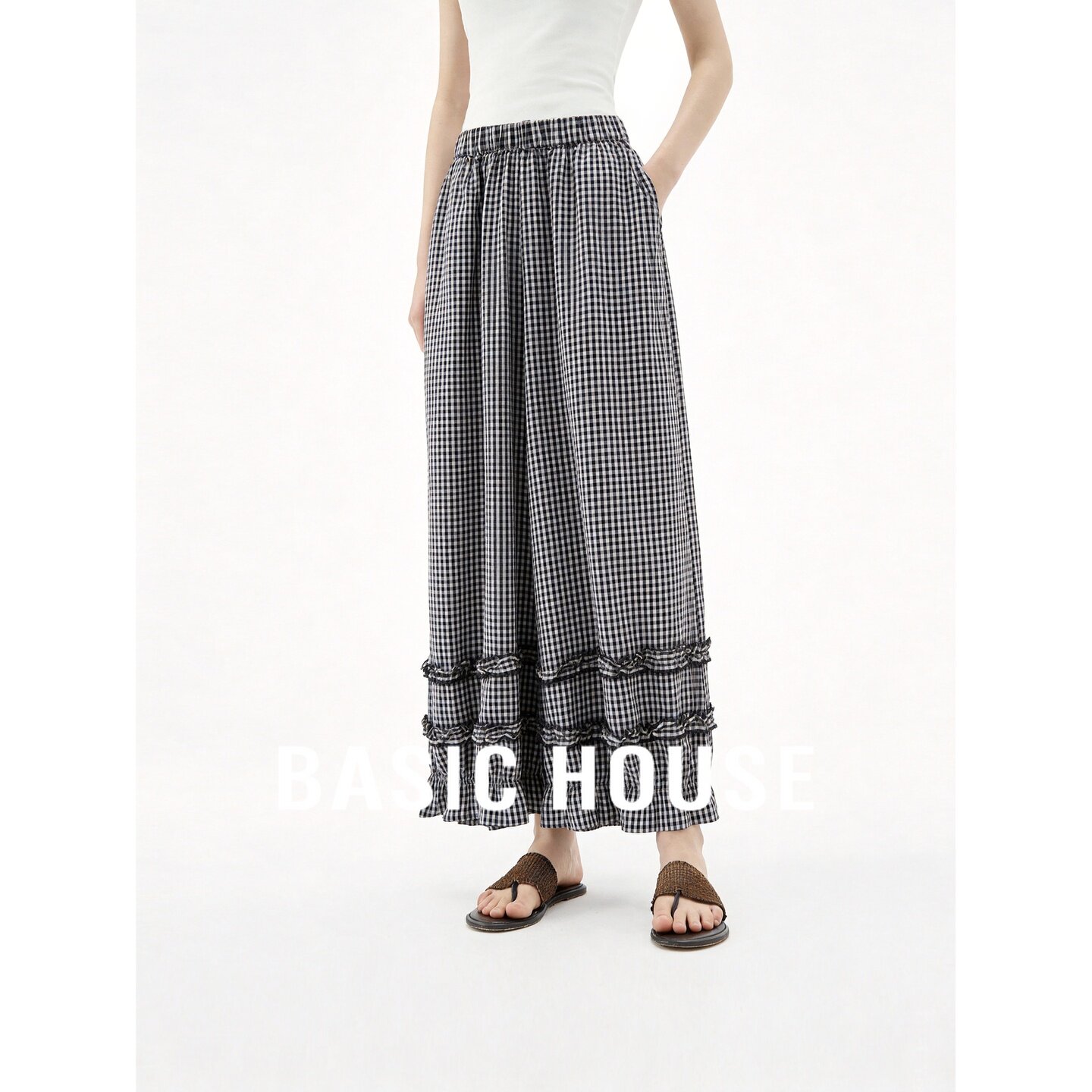 Basic House/百家好日系复古格纹阔腿裤女松紧腰木耳边显瘦休闲裤