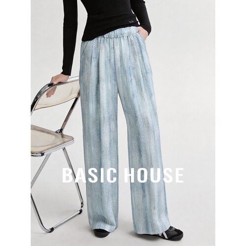 Basic House/百家好水墨风蓝色阔腿裤女夏薄款镂空直筒休闲裤显瘦