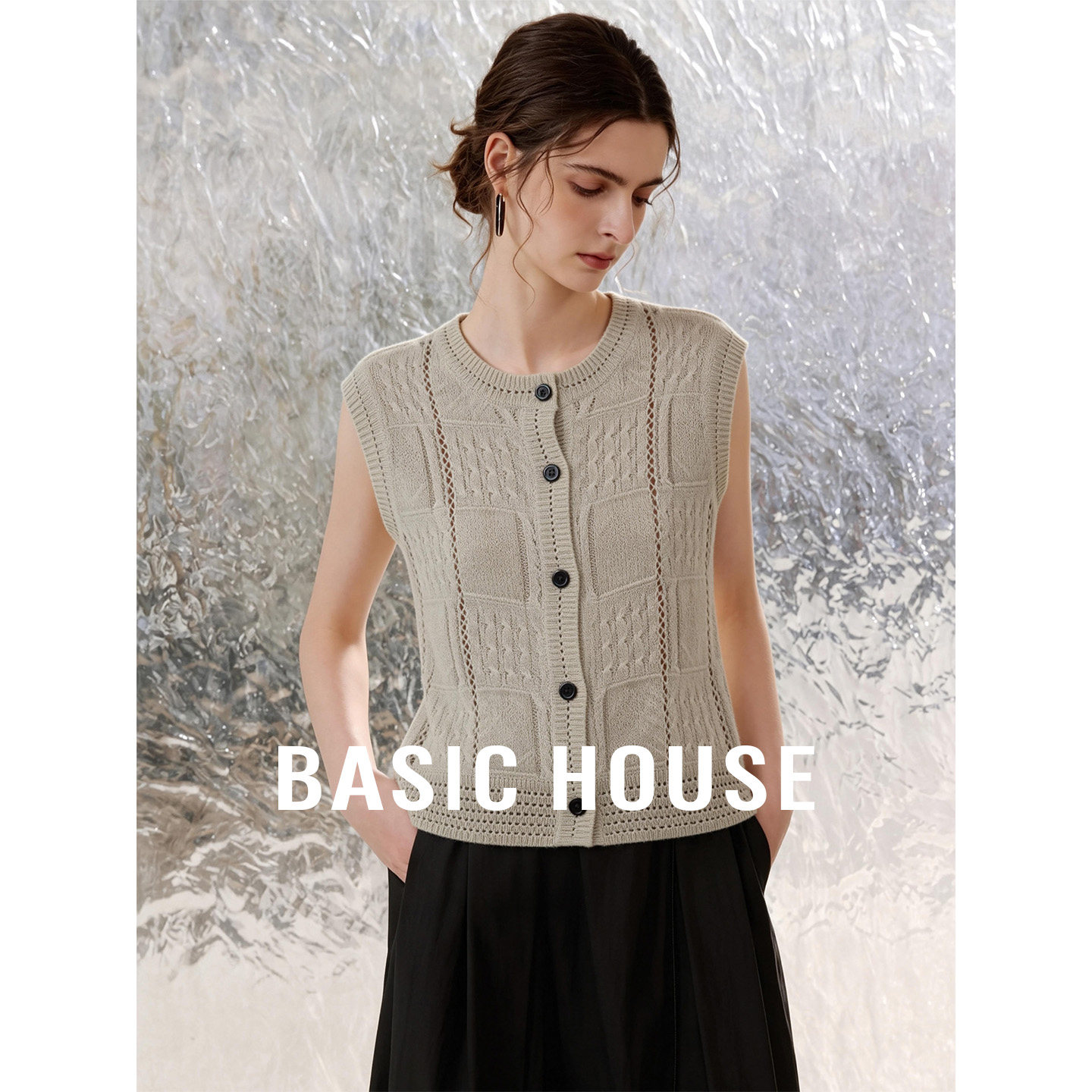 Basic House/百家好2026夏季新款无袖背心女圆领简约叠穿针织马甲