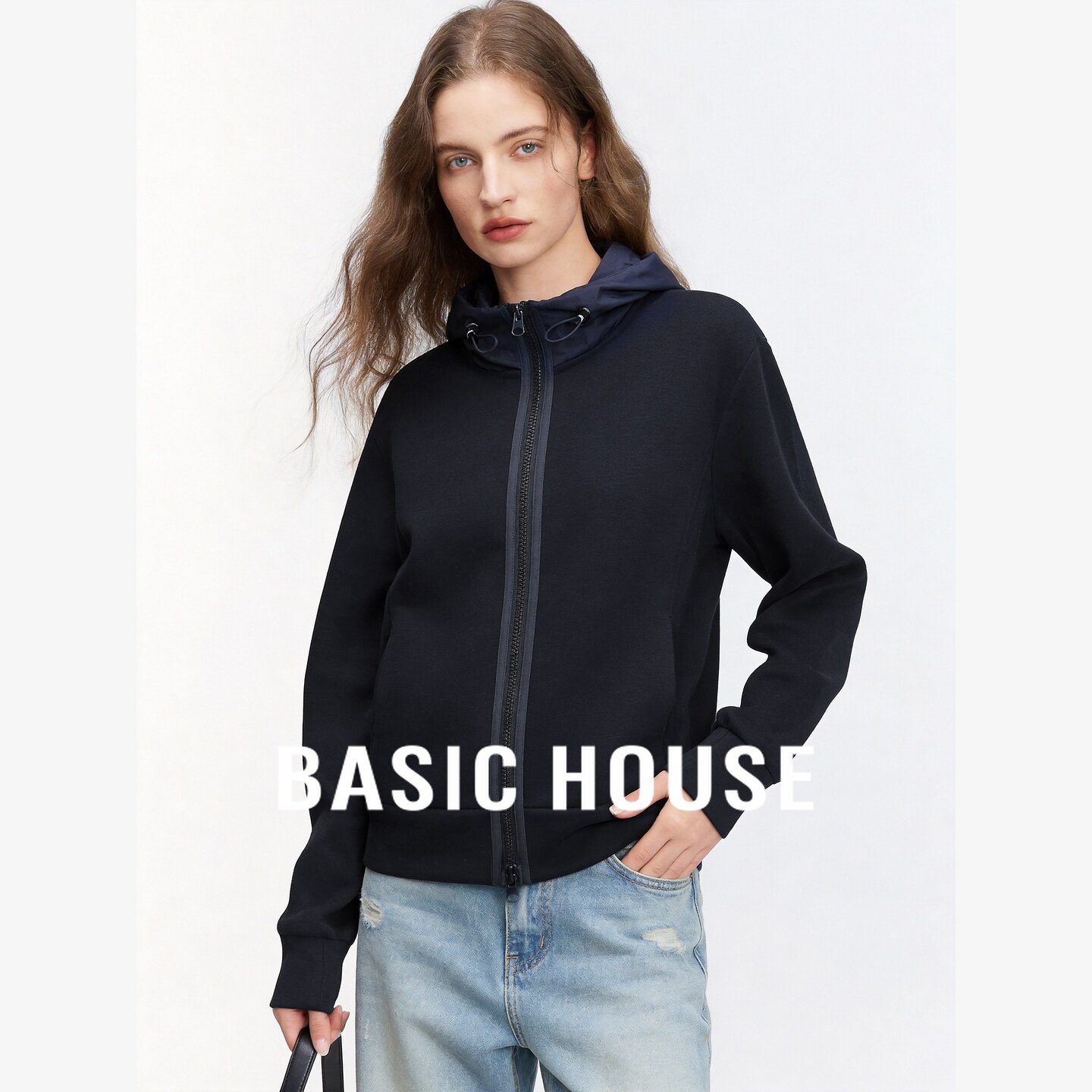 Basic House/百家好高领拼接拉链卫衣女宽松休闲开衫百搭外套上衣