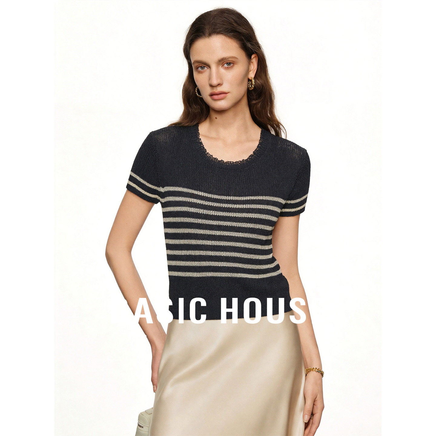 Basic House/百家好条纹镂空破边领上衣夏季新款时尚休闲针织衫女