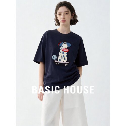 Basic House/百家好卡通小狗印花短袖T恤女夏宽松百搭设计感上衣