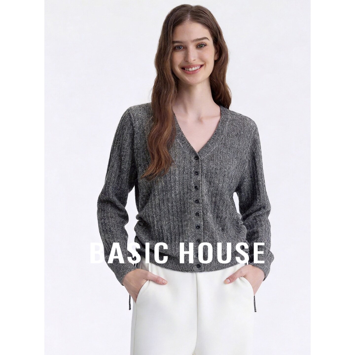 Basic House/百家好2026秋季含羊毛灰色圆领绑带收腰长袖针织开衫