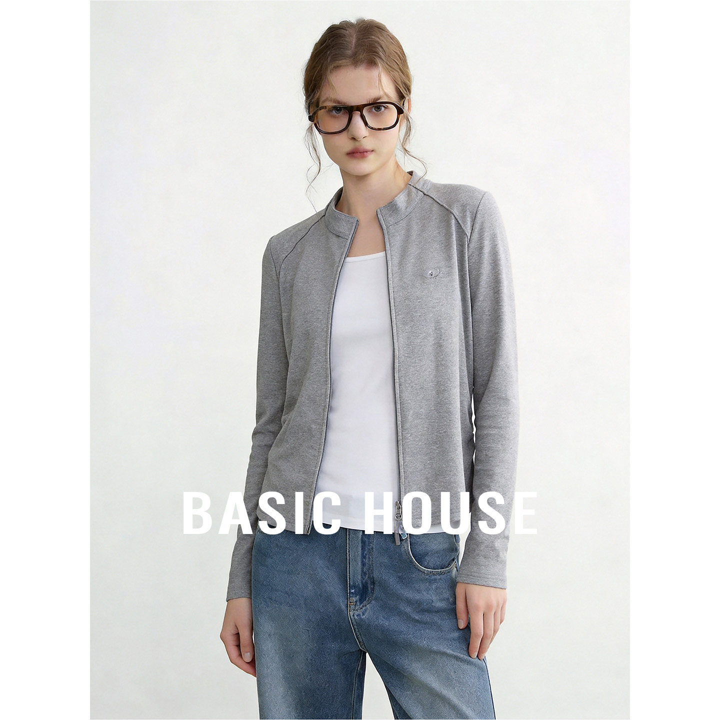 Basic House/百家好灰色立领假两件卫衣外套女26夏季修身短款上衣