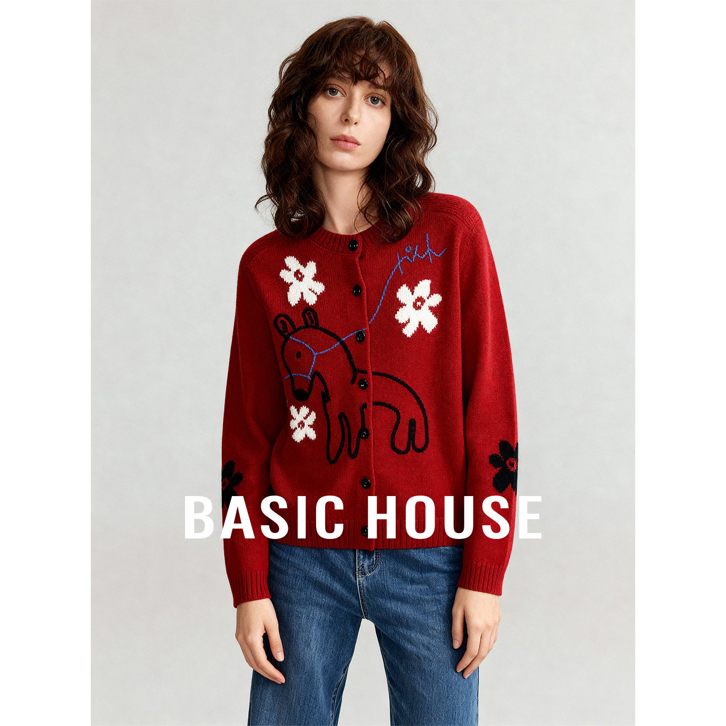 Basic House/百家好红色圆领毛衣女冬季可内搭外穿百搭巨好看上衣