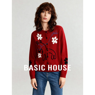 Basic House/百家好红色圆领毛衣女冬季可内搭外穿百搭巨好看上衣