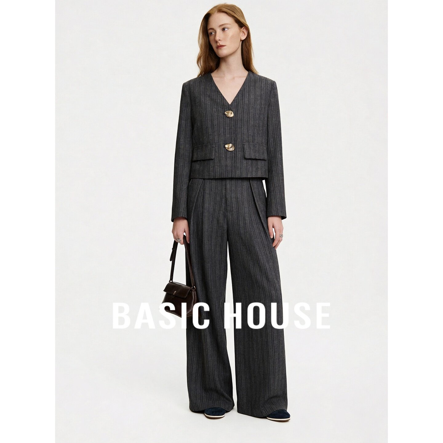 Basic House/百家好条纹西装V领短外套高腰阔腿裤高级感通勤套装