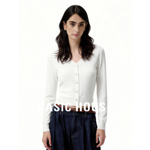 Basic House/百家好白色V领简约针织开衫女春季显瘦百搭短款上衣