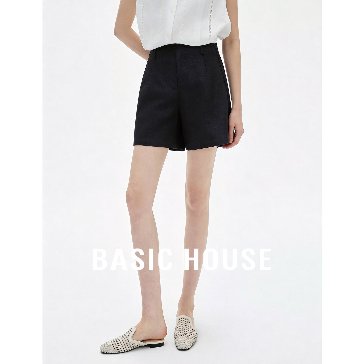 Basic House/百家好莱赛尔高腰黑色西装短裤女夏季亚麻阔腿休闲裤