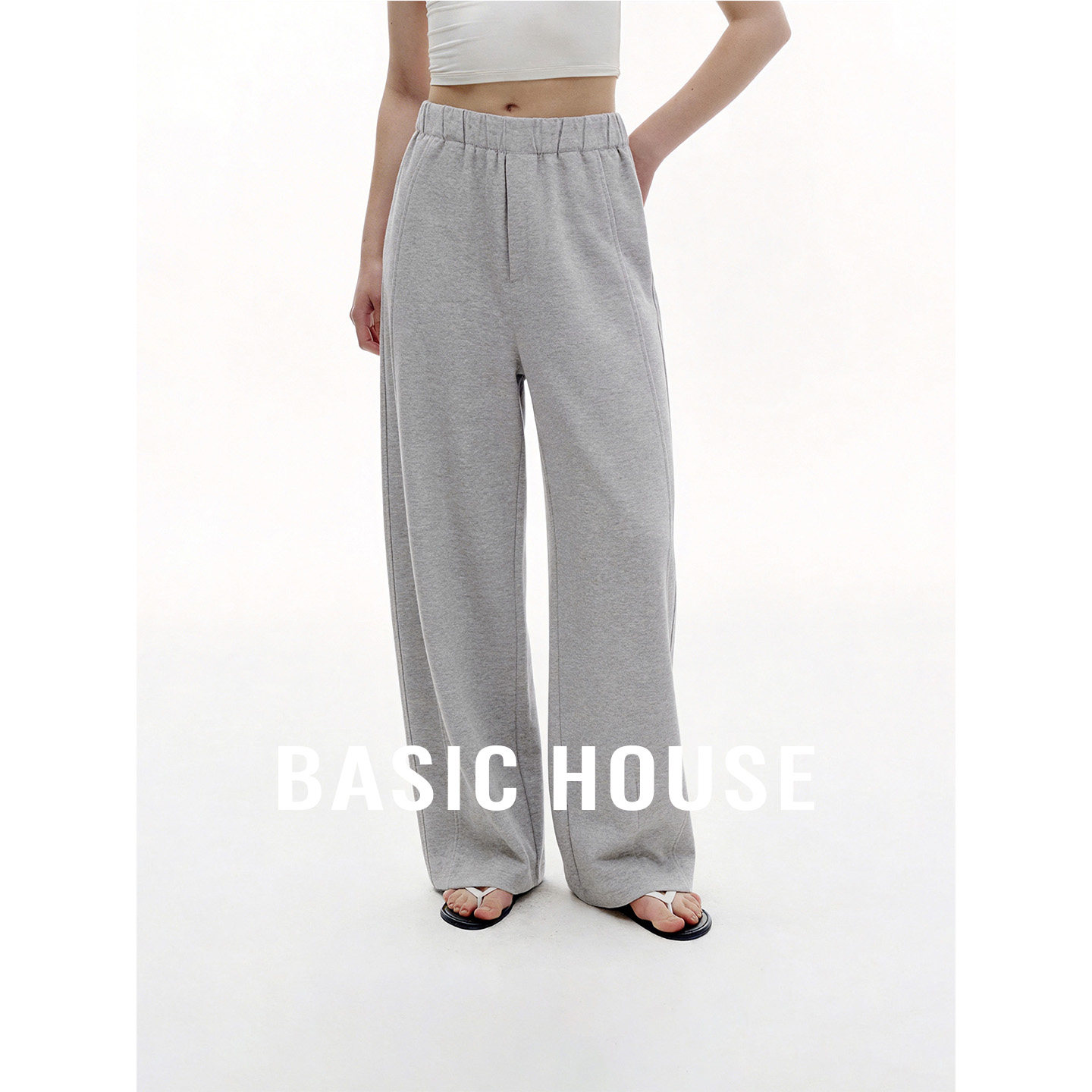 Basic House/百家好灰色松紧腰阔腿运动休闲裤夏新款高腰宽松长裤