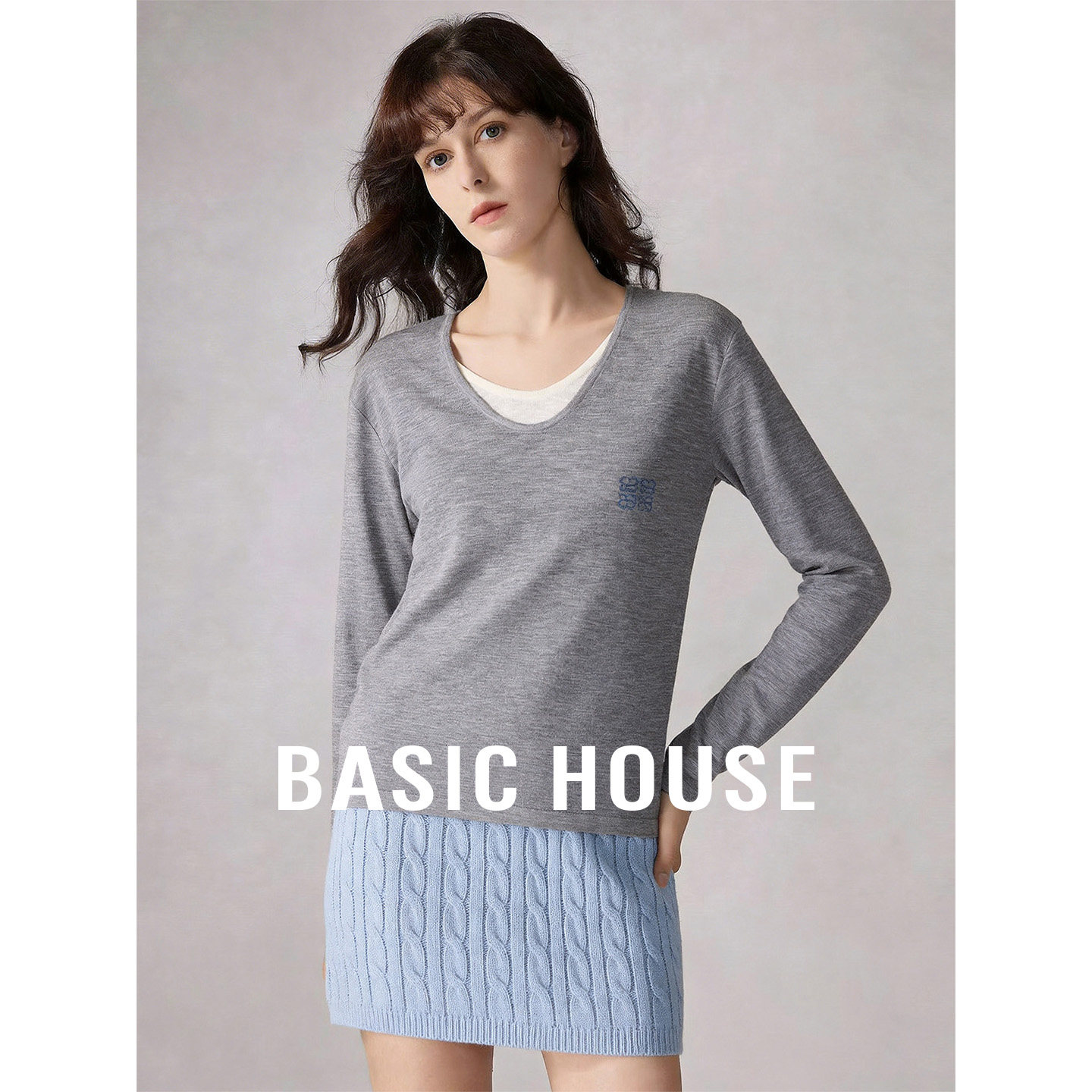 Basic House/百家好假两件撞色套头针织衫女秋季高级百搭长袖上衣