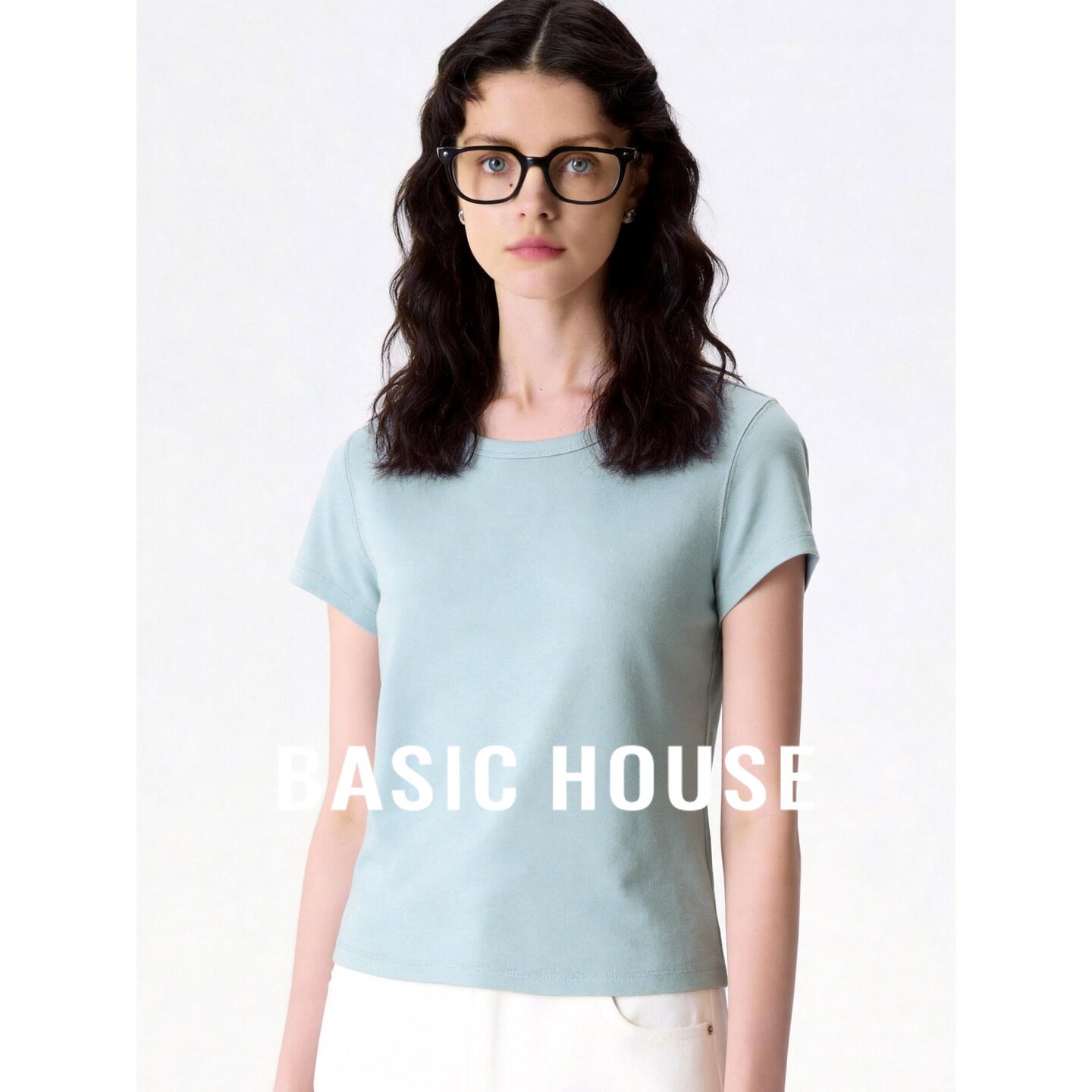 Basic House/百家好简约灰色短袖T恤女夏季韩系修身显瘦基础上衣