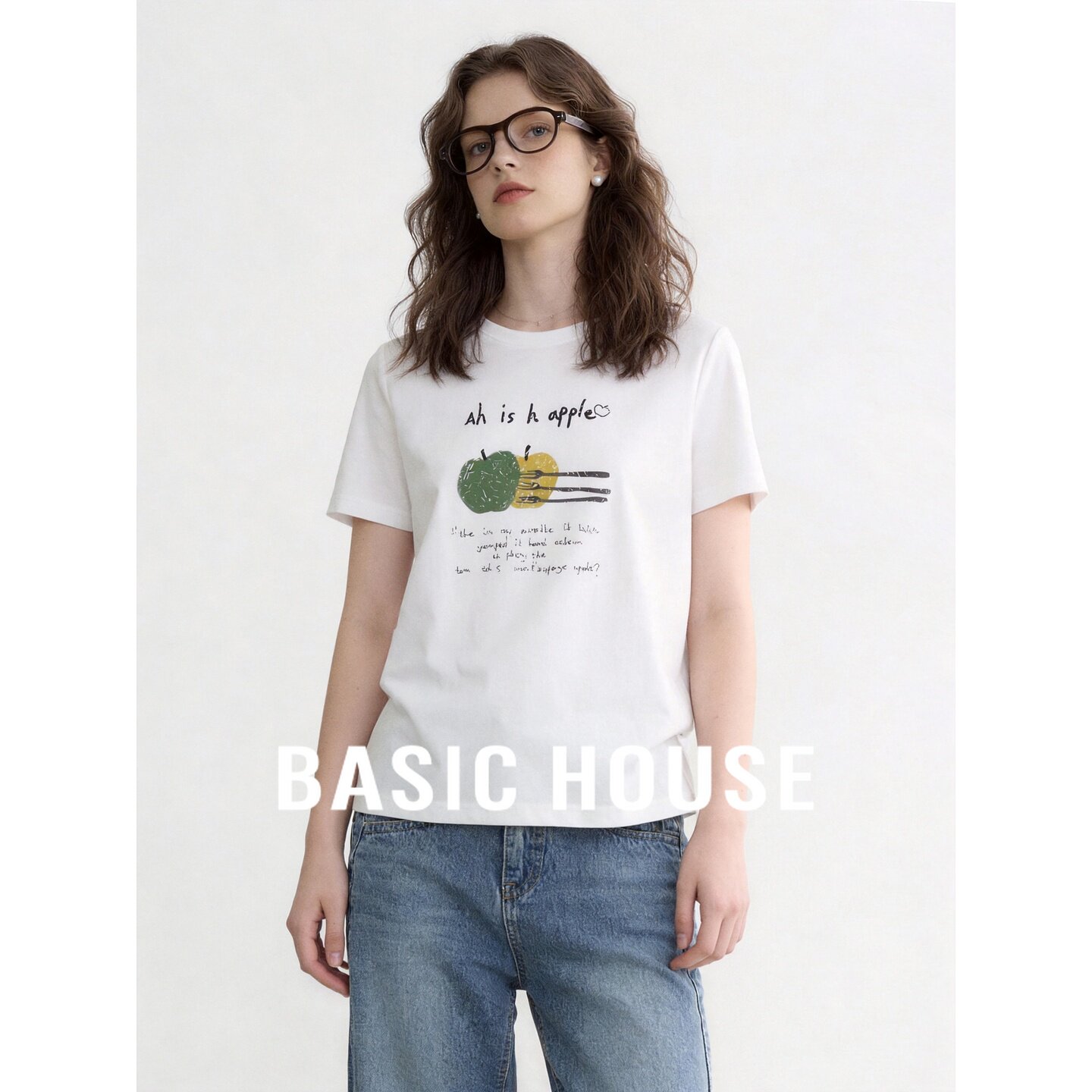 Basic House/百家好白色水果印花短袖含棉T恤女夏宽松日常穿搭