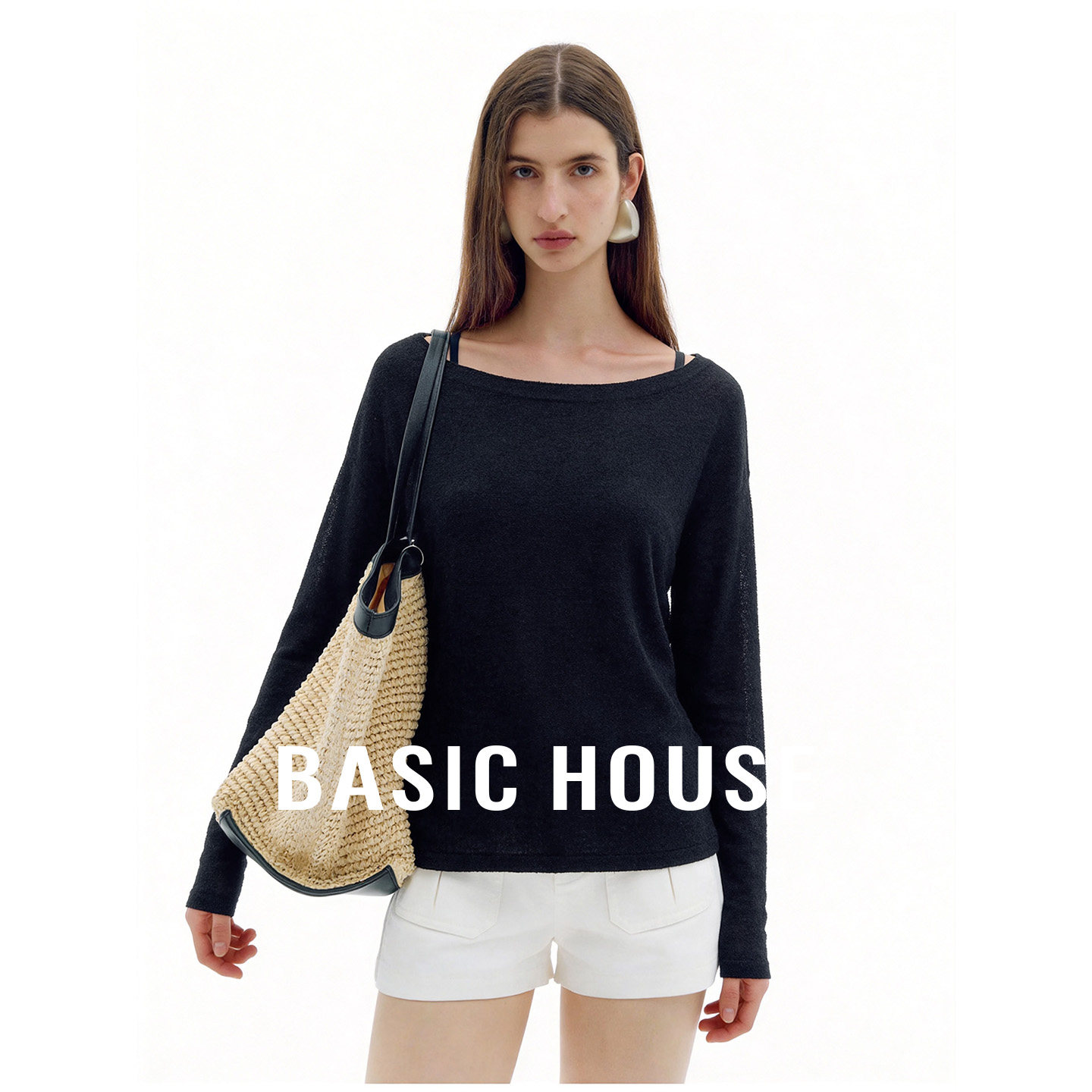Basic House/百家好一字领纯色绵羊毛长袖针织衫女秋宽松慵懒内搭