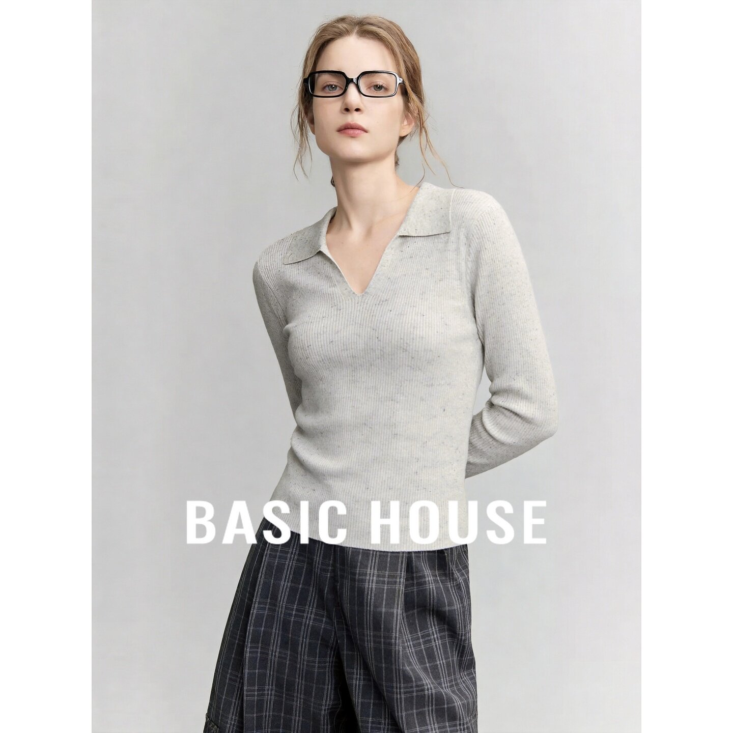 Basic House/百家好白色翻领通勤高智感螺纹羊毛套头日常针织衫女