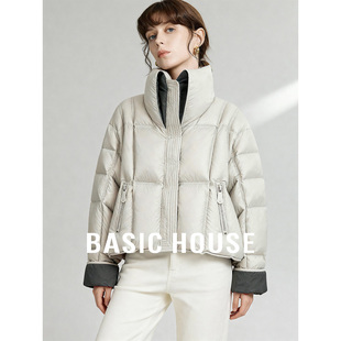 百家好黑色冬季新款立领加厚短款羽绒服女拼接宽松白鸭绒保暖外套