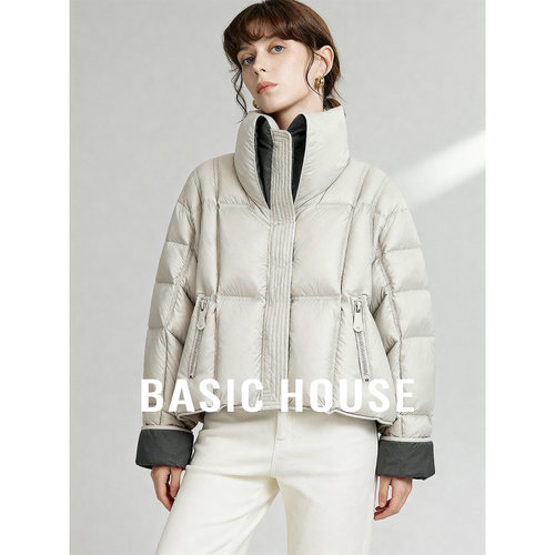 百家好黑色冬季新款立领加厚短款羽绒服女拼接宽松白鸭绒保暖外套