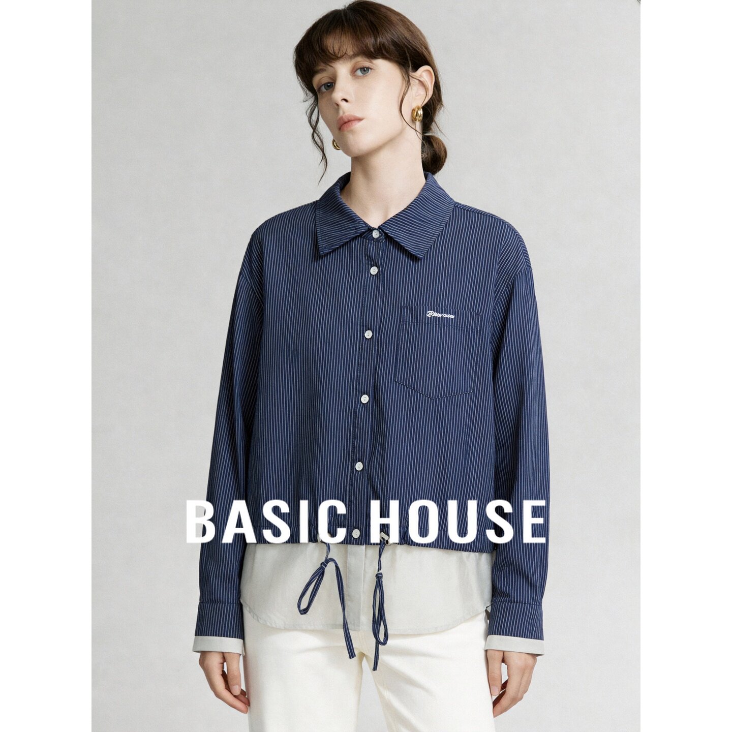 Basic House/百家好条纹衬衫女蓝色纯棉抽绳拼接宽松百搭通勤上衣
