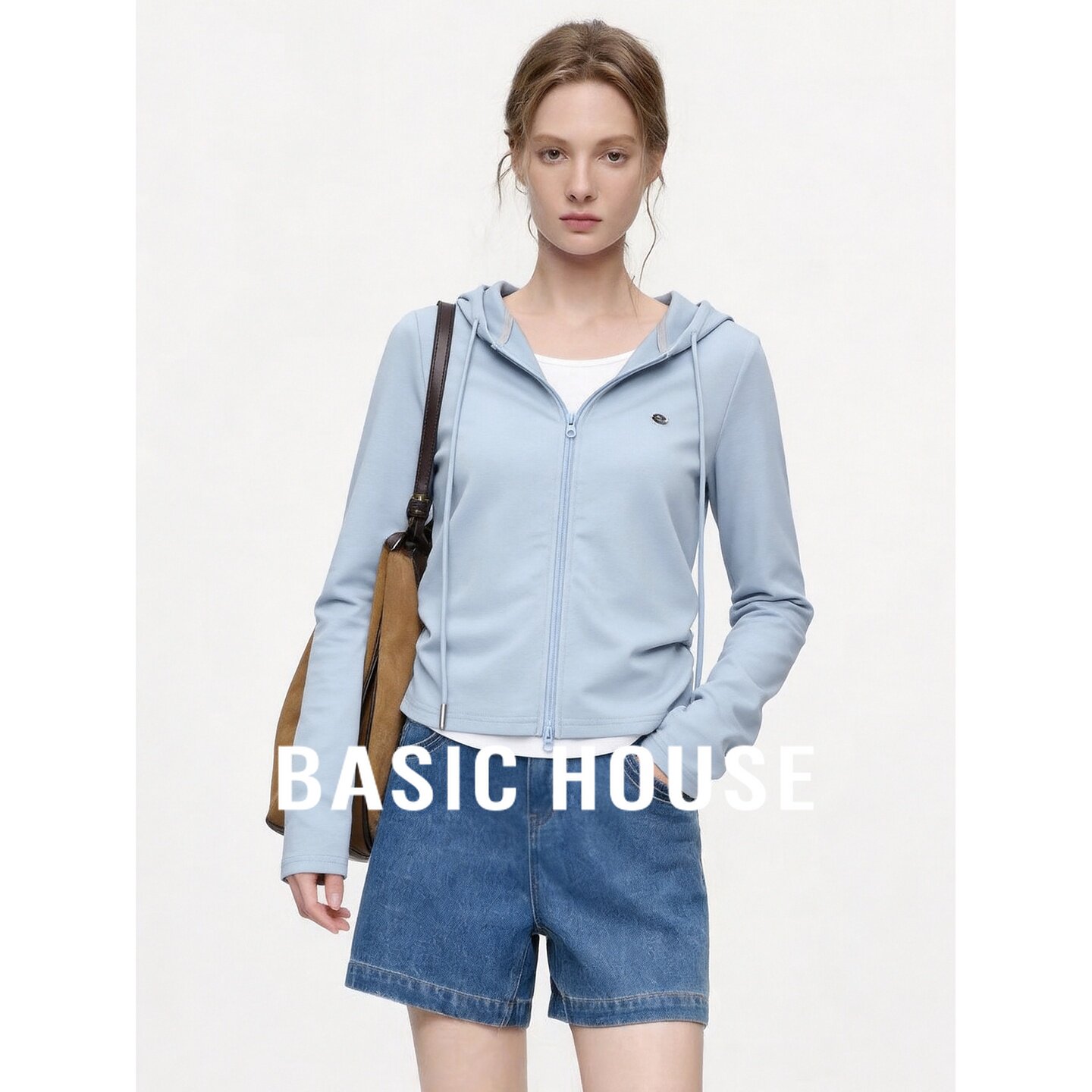 Basic House/百家好连帽拉链外套女浅蓝修身长袖舒适百搭简约卫衣