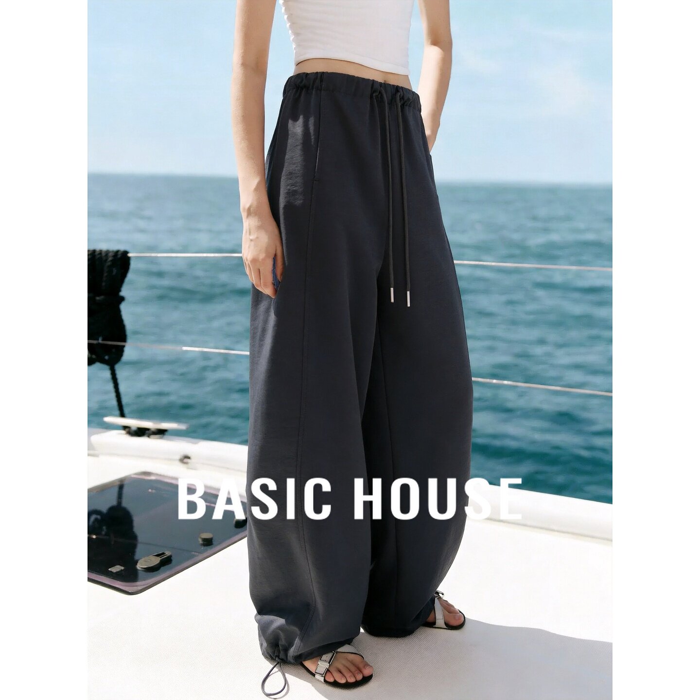 Basic House/百家好铁灰色抽绳阔腿休闲裤女宽松慵懒松弛感灯笼裤