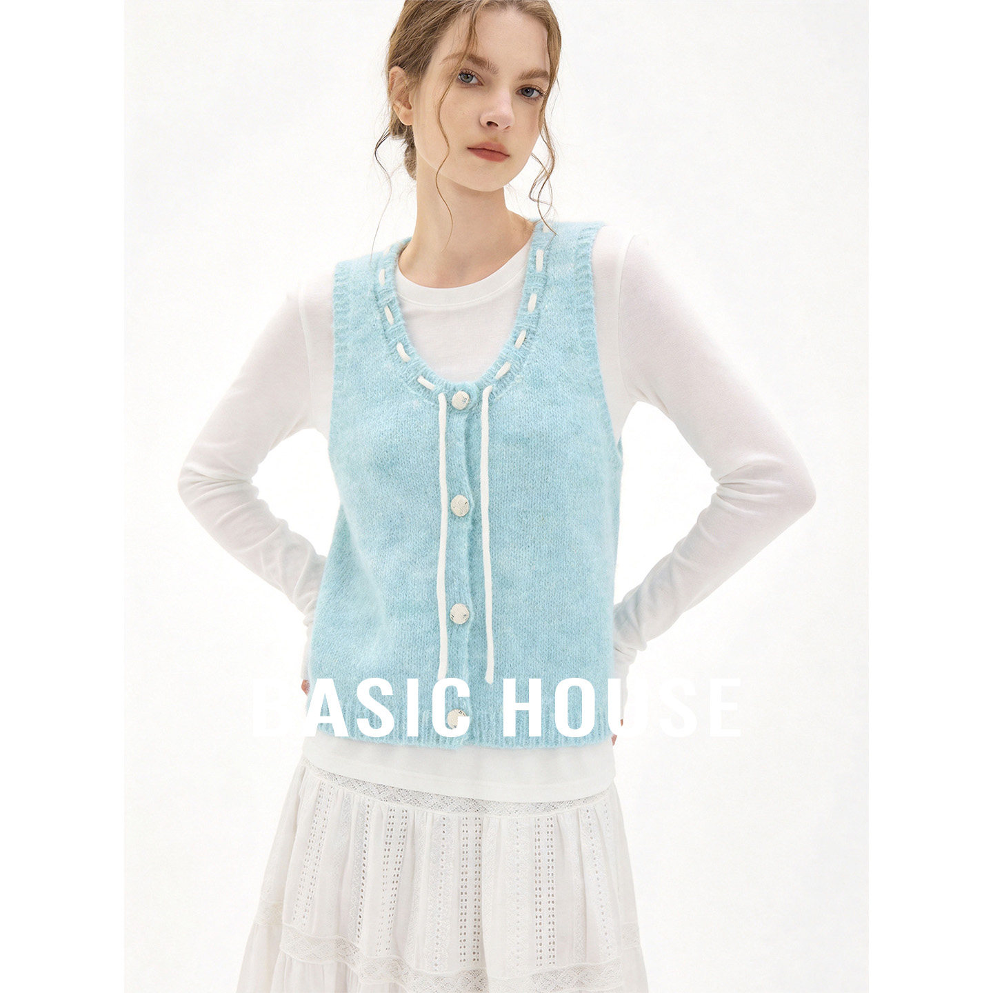 Basic House/百家好绿色明线装饰设计感马甲女春夏叠穿无袖背心