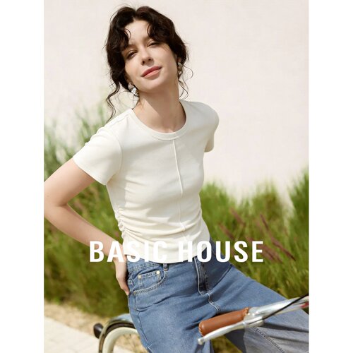 Basic House/百家好温柔风白色收腰短袖修身显瘦百搭休闲夏季T恤
