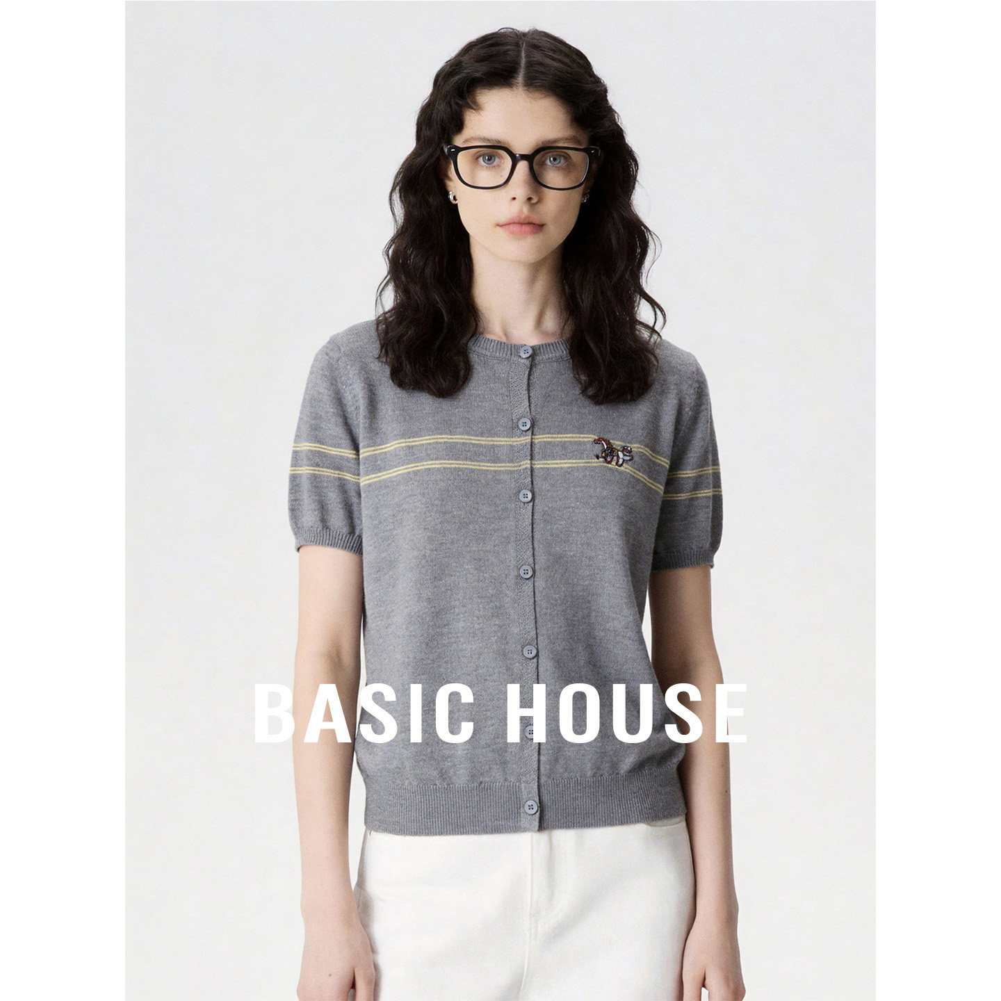 Basic House/百家好2026夏季新款灰色圆领短袖针织开衫女舒适外搭