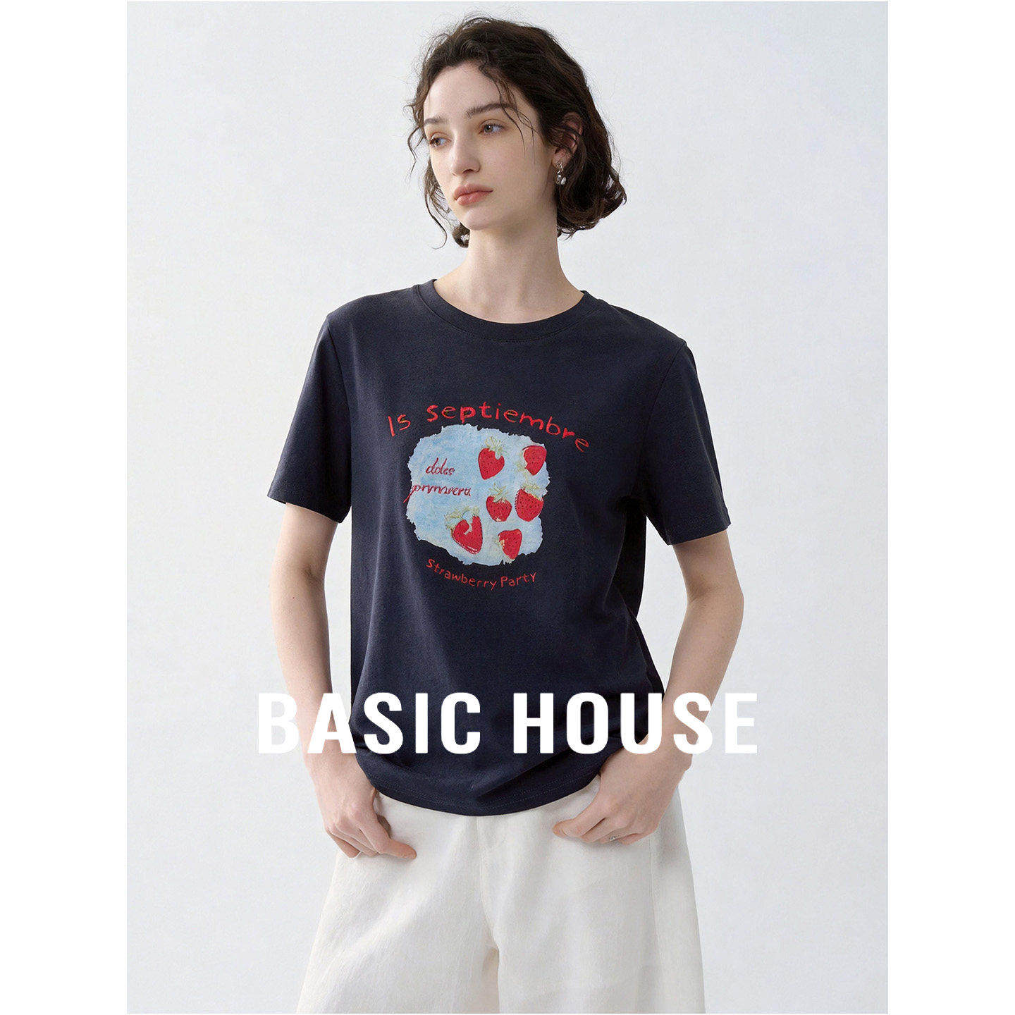 Basic House/百家好水果印花刺绣设计短袖T恤女夏季2026新款上衣