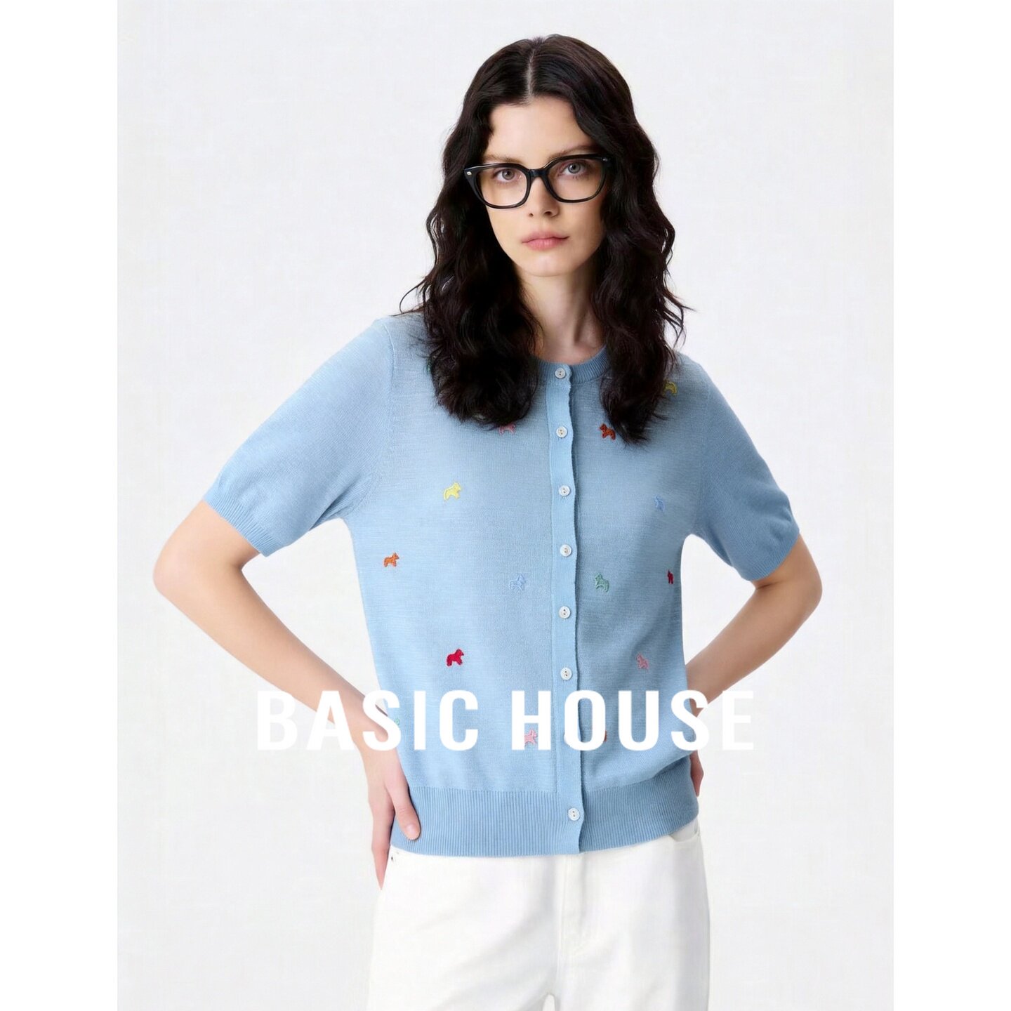 Basic House/百家好蓝色设计感刺绣针织开衫短款圆领上衣短袖夏季
