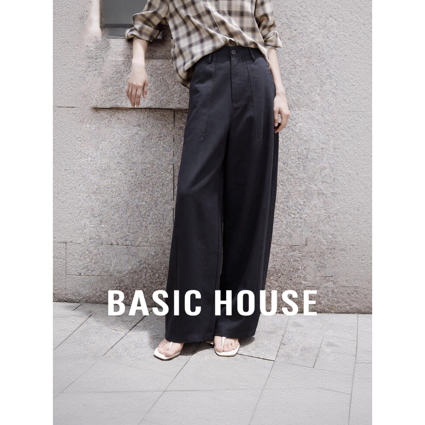 Basic House/百家好垂感藏青色西装阔腿裤高腰双褶立体中线直筒女