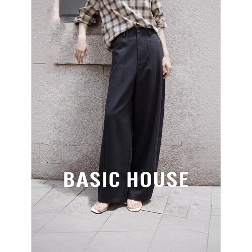 Basic House/百家好垂感藏青色西装阔腿裤高腰双褶立体中线直筒女
