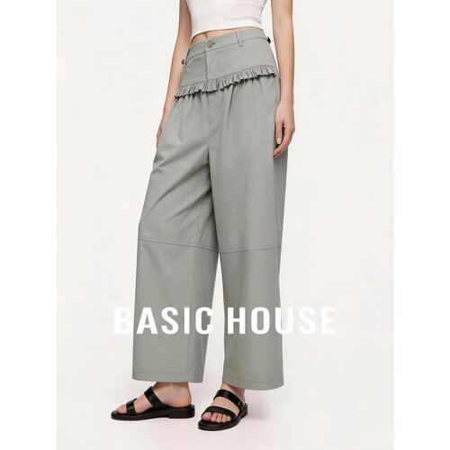 Basic House/百家好新款高腰设计感荷叶边阔腿裤女夏季休闲裤显瘦