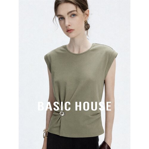 Basic House/百家好扭结设计感无袖T恤女夏收腰显瘦小众褶皱上衣