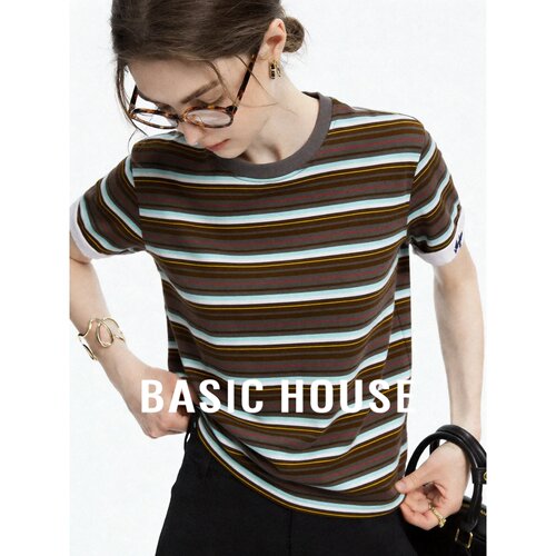 Basic House/百家好纯棉复古条纹短袖T恤女夏季宽松上衣薄款百搭