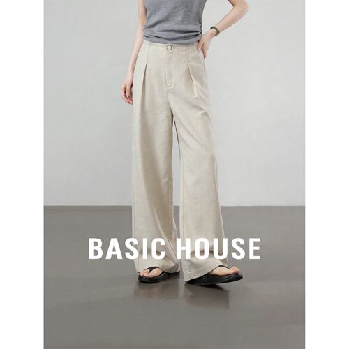 Basic House/百家好老钱风亚麻阔腿裤女夏宽松显瘦垂感休闲长裤