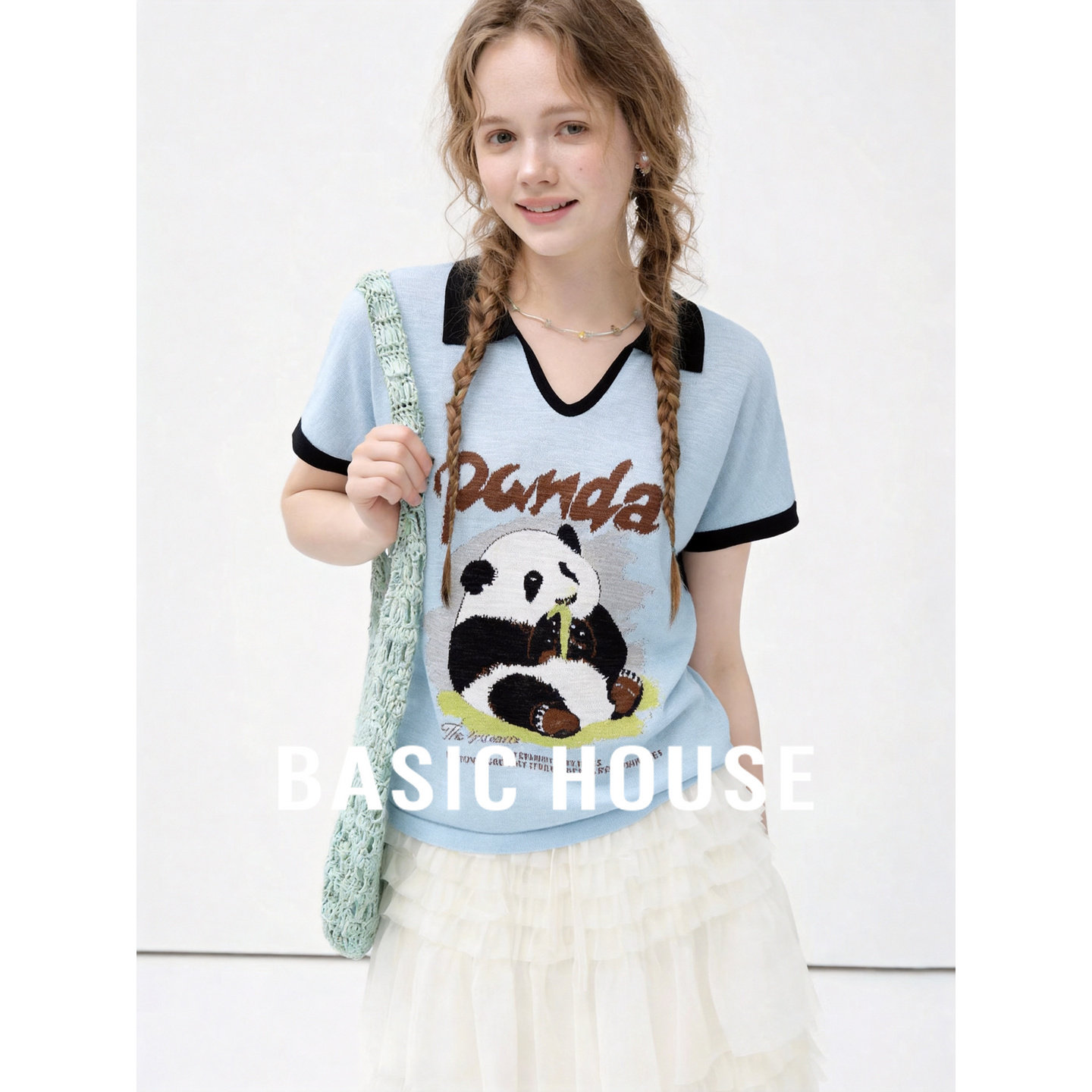 Basic House/百家好休闲风熊猫撞色短袖针织衫女宽松上衣夏日清新