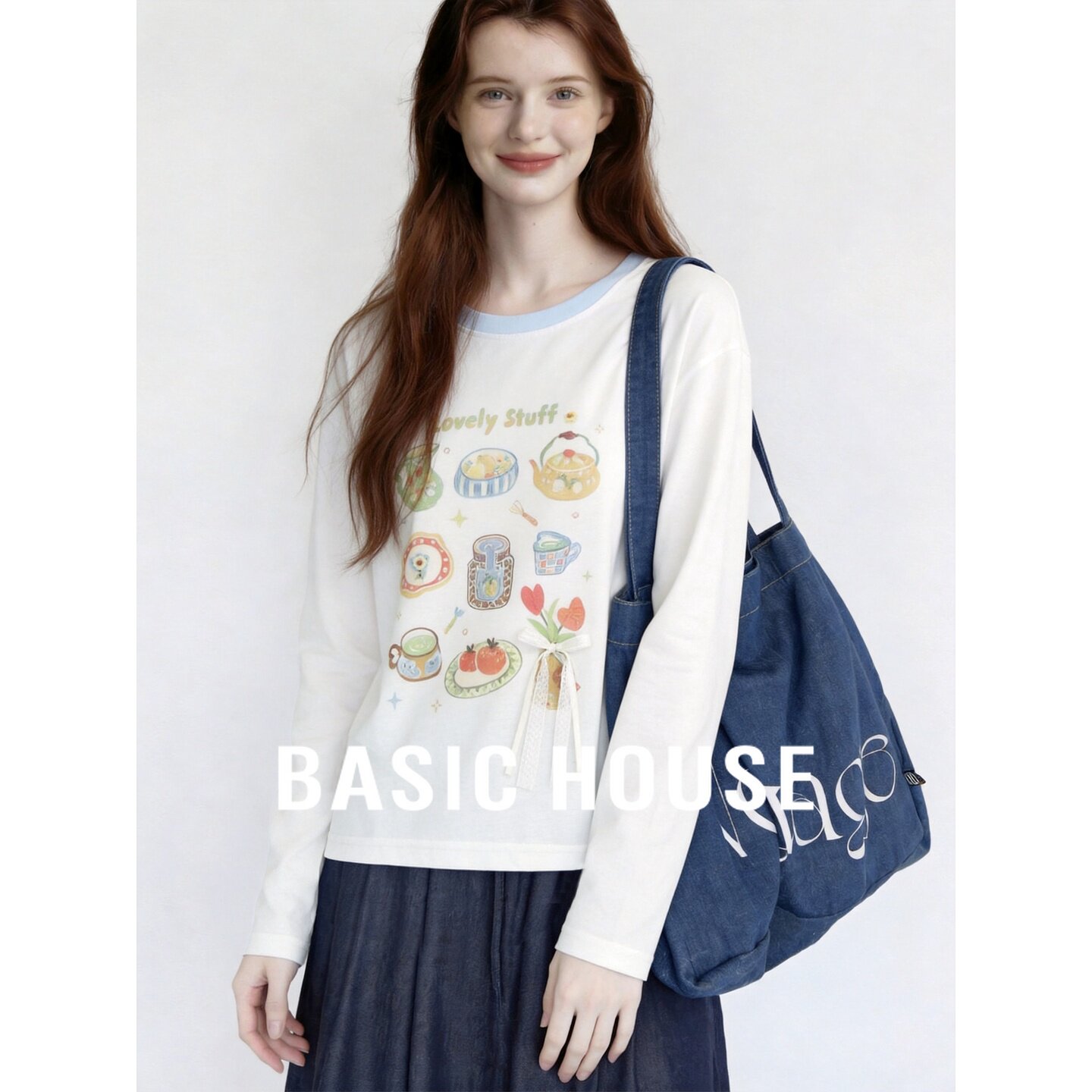 Basic House/百家好卡通印花长袖T恤女白色圆领宽松棉质百搭上衣