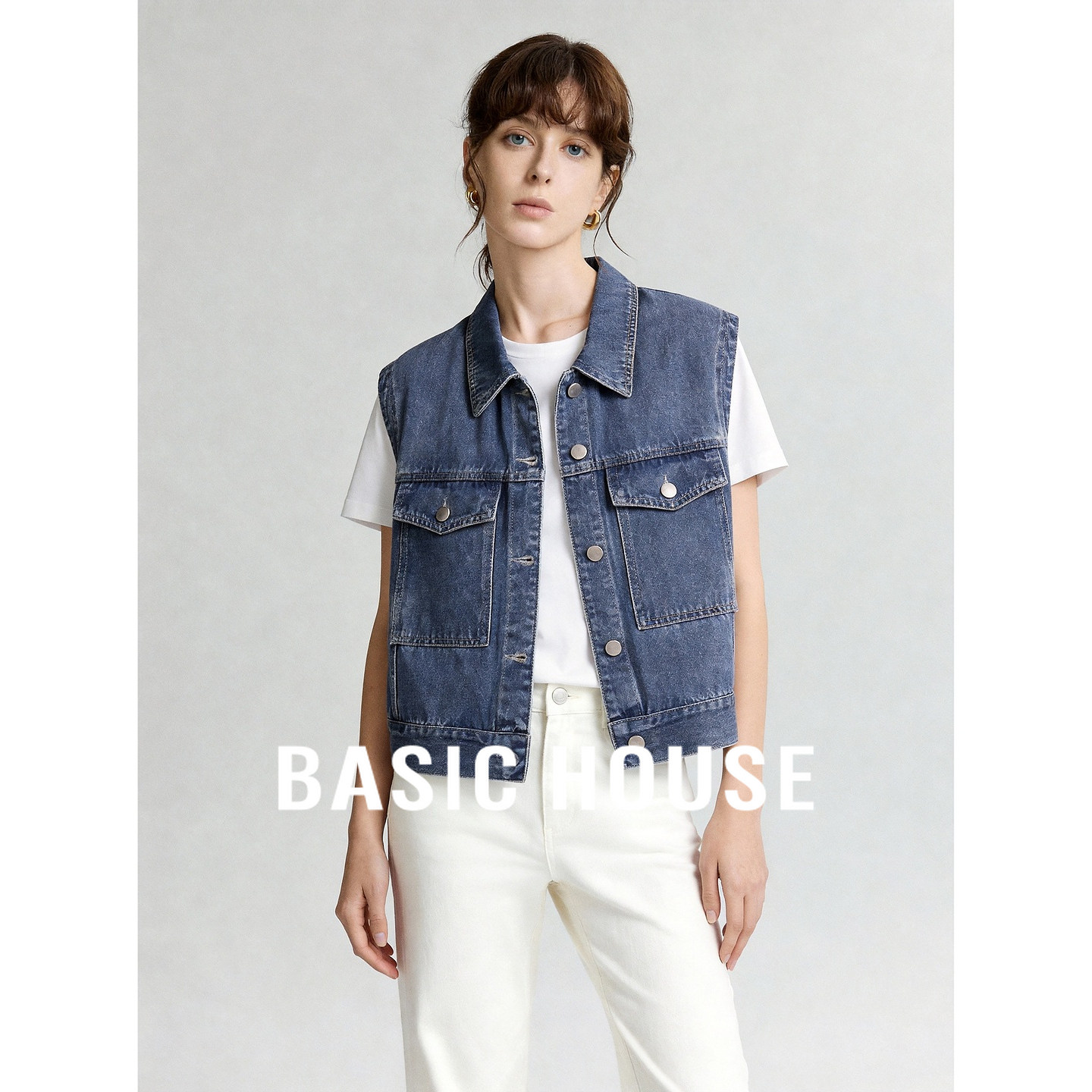 Basic House/百家好深蓝色翻领牛仔上衣时尚百搭显瘦马甲夏季女
